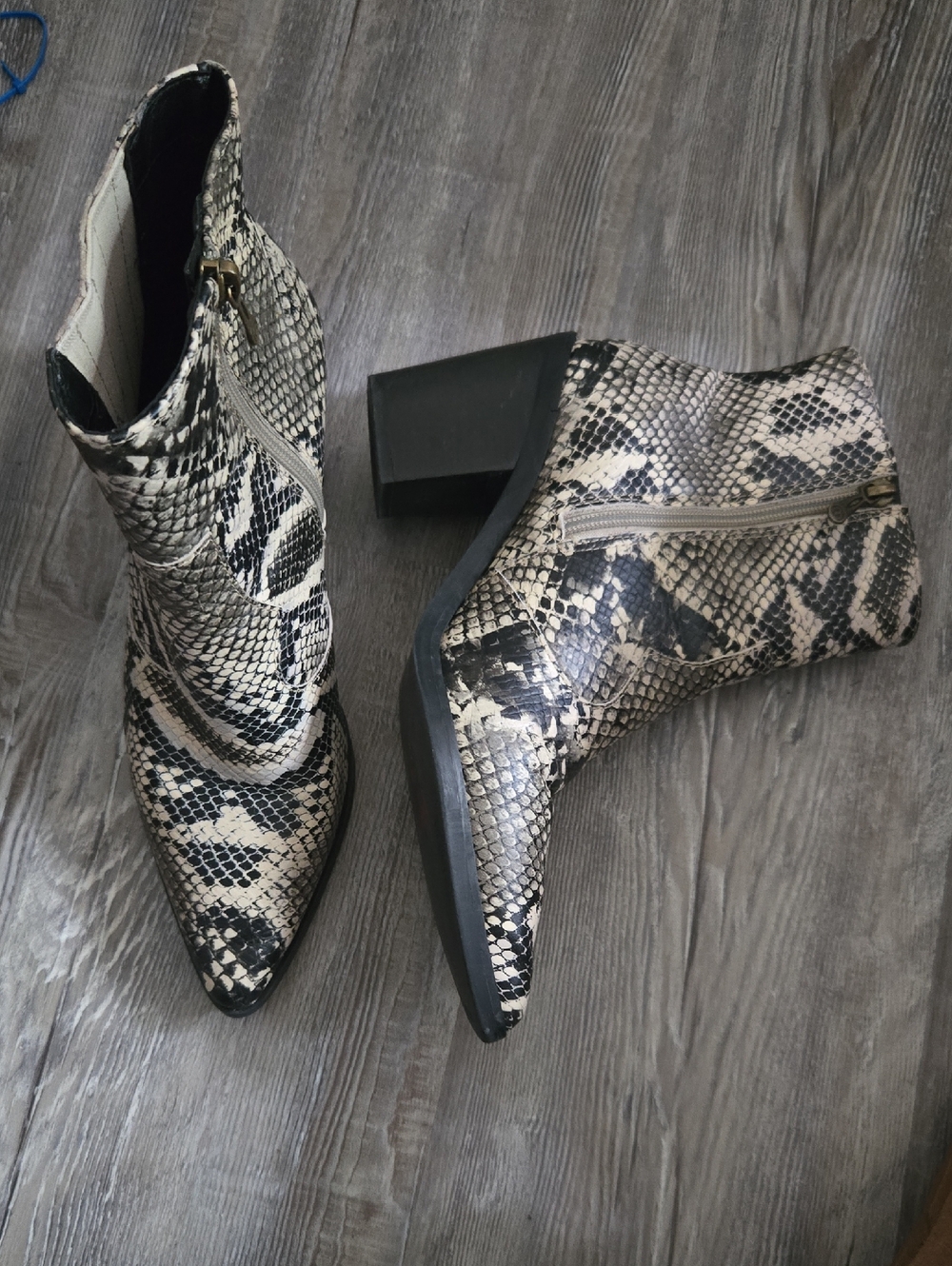 Blondo Snake-Print Pointed Ankle Boots in Black & Cream